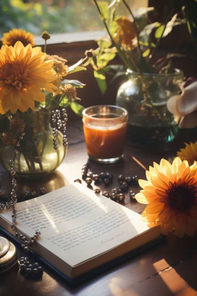 A cozy reading nook with an open book, a gratitude journal, and a vase of vibrant sunflowers on a wooden table, basked in warm sunlight.