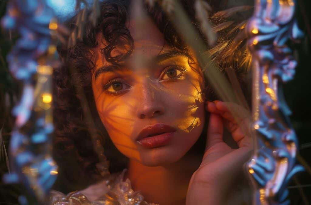 Close-up of a woman with curly hair, her face lit by warm light casting floral shadows, looking through blurred foliage with a gratitude journal in her hands.