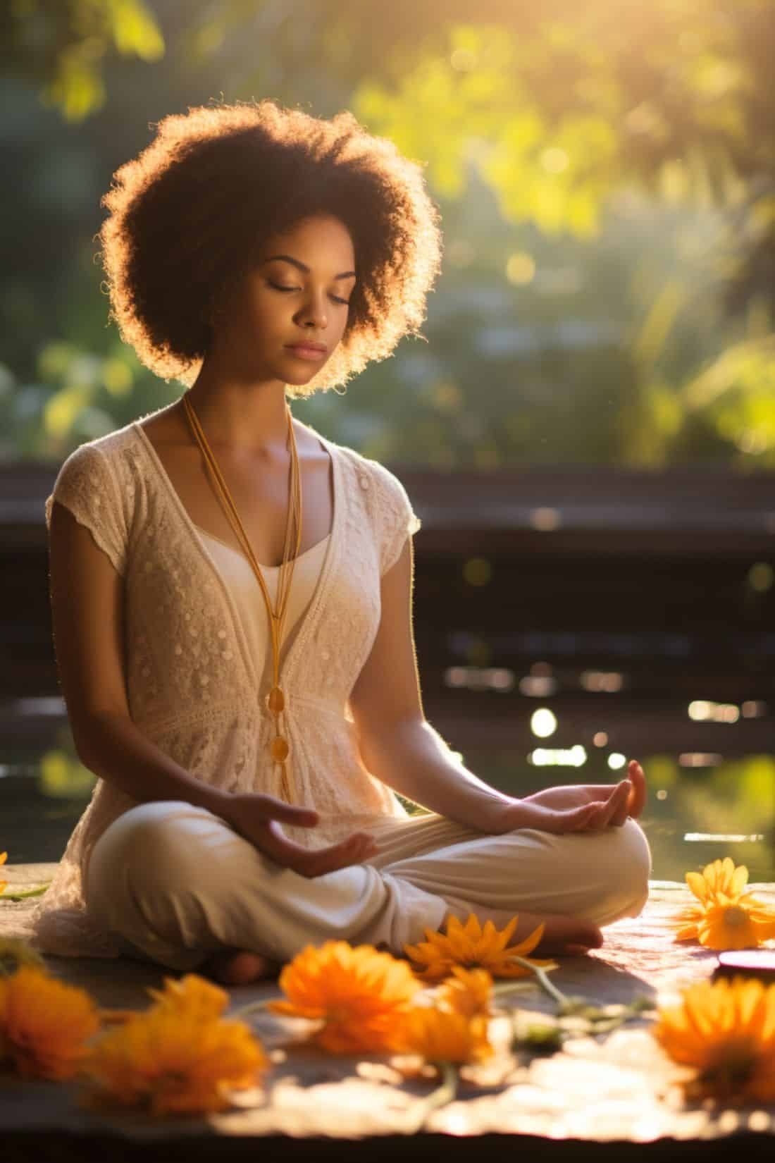 A woman practicing self-love by meditating outdoors, surrounded by orange flowers, in a tranquil, sunlit setting.