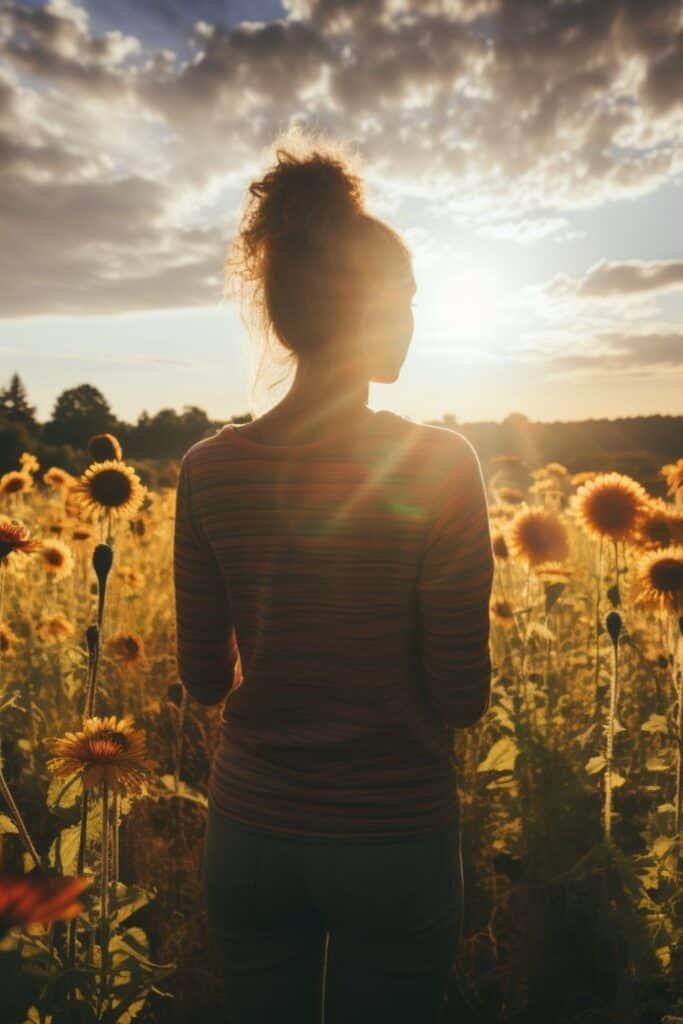 Woman standing amidst sunflowers watching the sunset, backlit by the warm glow of the sun with clouds overhead, embodying the practice of self-love.