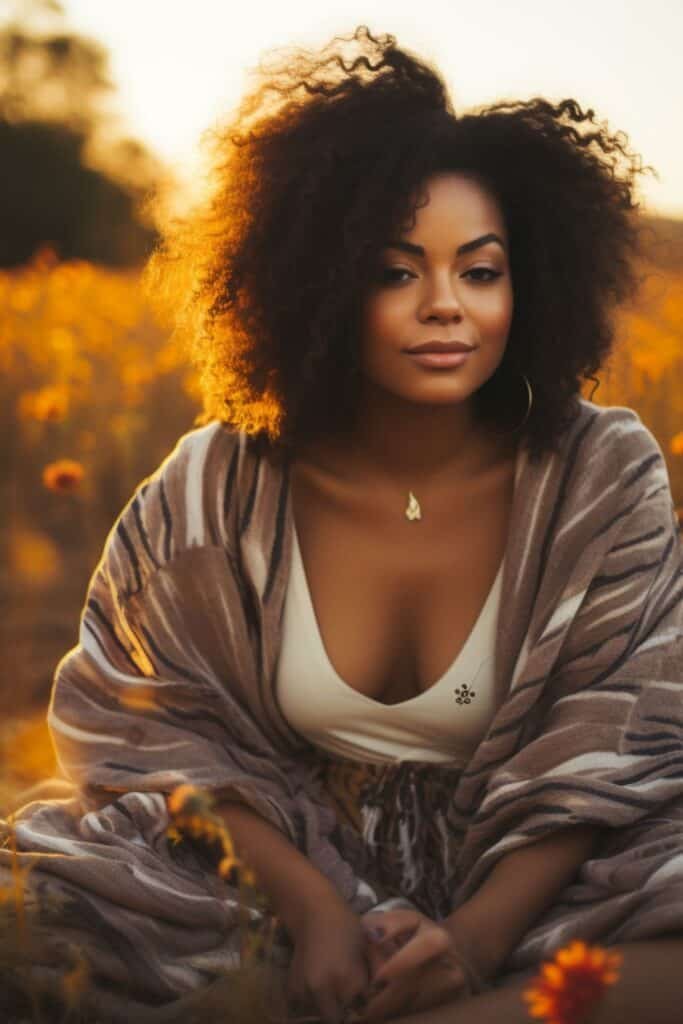 Woman with curly hair sitting in a field of yellow flowers at sunset, wearing a striped cardigan and a white top, looking serene while prioritizing self-love.