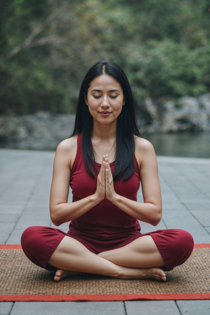 A woman in a maroon outfit sits cross-legged on a mat with her hands in a prayer position, meditating outdoors in a serene practice of mindfulness.