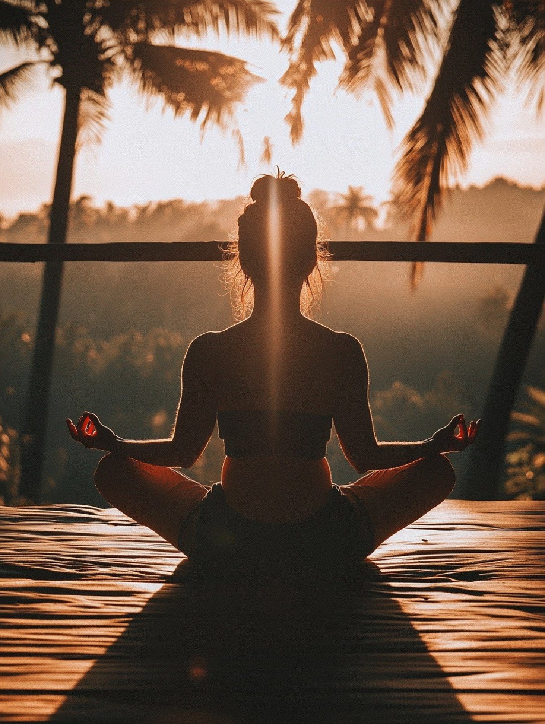 A person sits cross-legged, practicing meditation and mindfulness on a mat in an outdoor setting at sunrise. Palm trees are visible in the background.