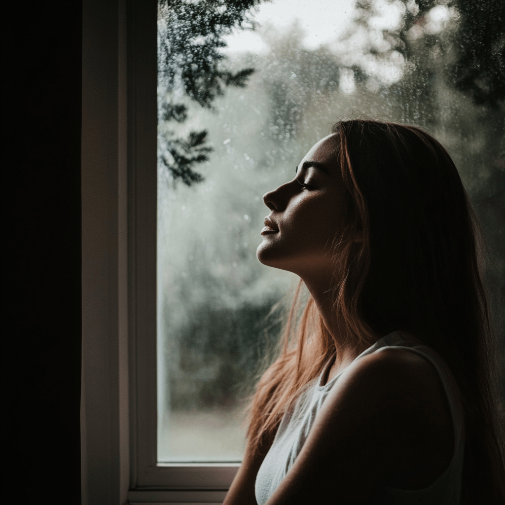 A person with long hair stands by a window, eyes closed, and face tilted slightly upward. The view outside shows blurred greenery and indicates it is raining. They seem to be managing anxiety with a moment of calm reflection amidst the soothing sound of raindrops.