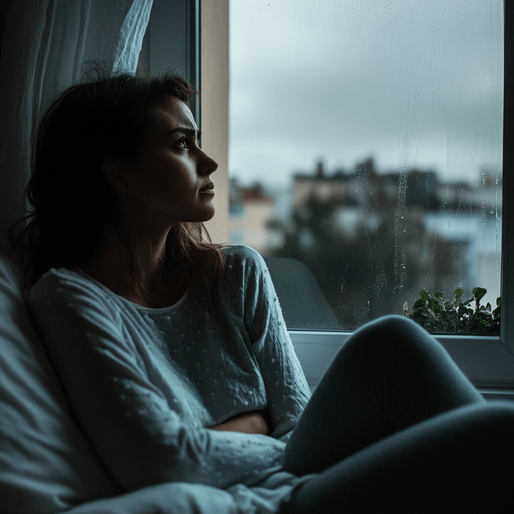 A woman sits by a window on a rainy day, looking outside as she takes a moment to manage anxiety with a chronic condition.