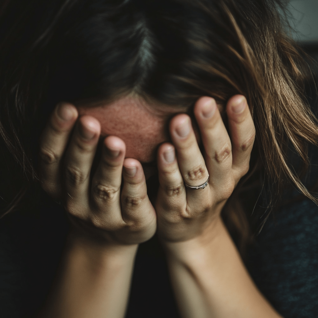 A person with long hair covers their face with both hands, showing a visible ring on one finger. Managing anxiety appears challenging for the individual, who seems to be in distress.