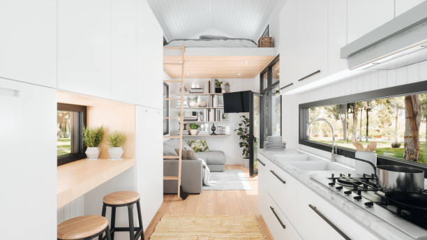 Modern tiny house interior with white cabinetry, a compact kitchen, small dining area with stools, loft bed accessed by ladder, and a living area with plants and large windows&mdash;perfect inspiration for small space decor enthusiasts.
