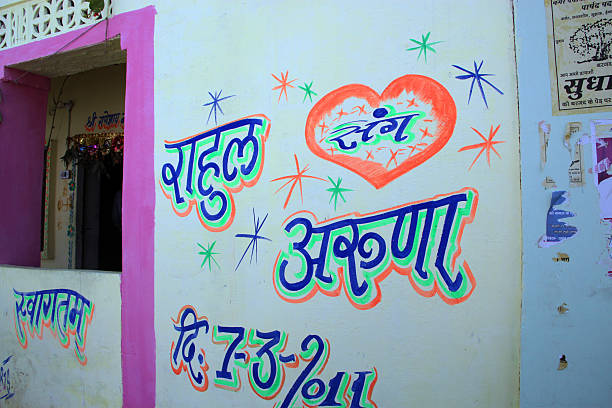 A wall painted with colorful Hindi text, including names "Rahul" and "Ashwini" inside a heart, stars, and pink trim on a white background—a unique home décor piece or perfect inspiration for your own Gratitude wall.