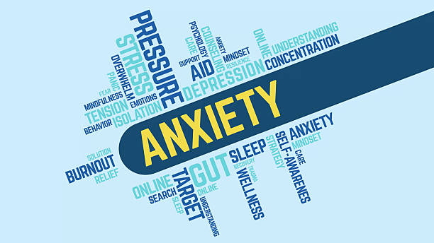 A word cloud centered on "Anxiety" with related terms like anxiety management, pressure, stress, burnout, depression, gut, sleep, and concentration in blue text on a light blue background.